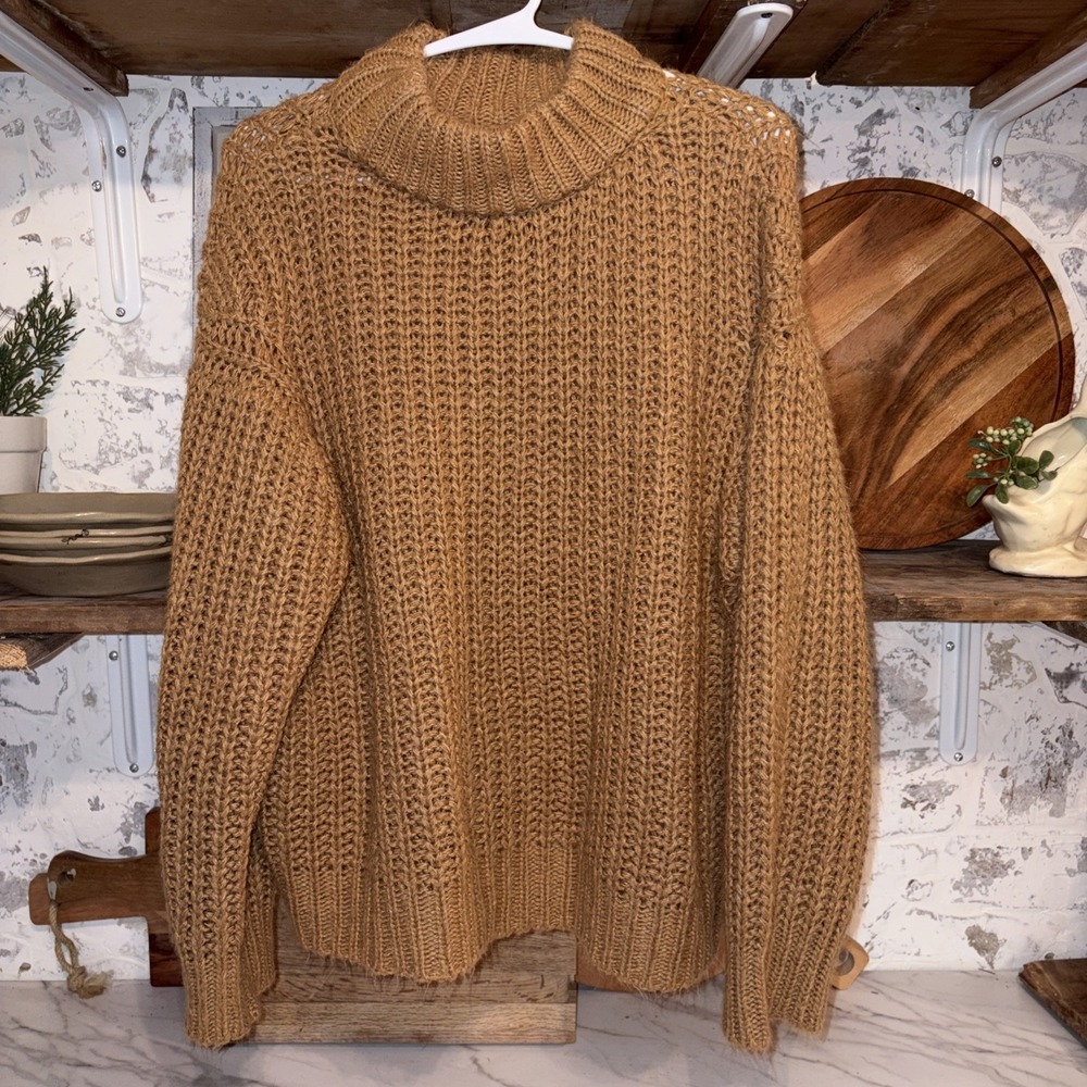 Justfab Women L Wool Blend Cozy Chunky Cabincore Pullover Mock Neck Tan Sweater